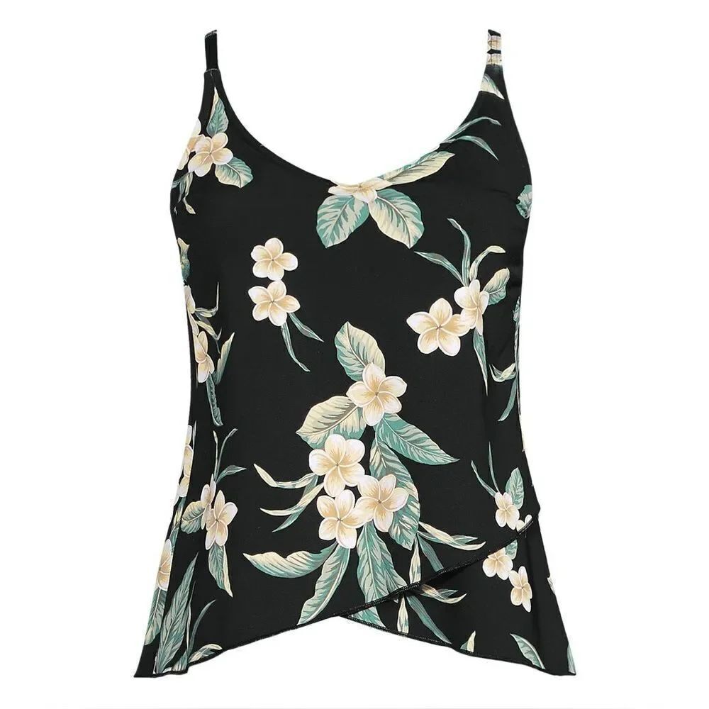Land’s End plus standard size tulip hem adjust cup tankini Black Plumeria Var